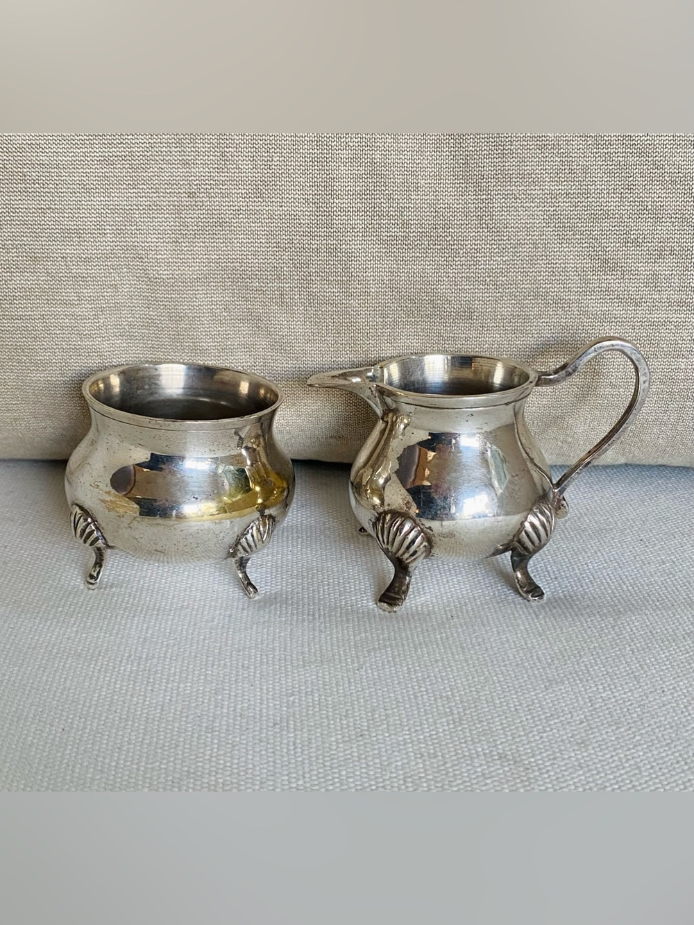 VTG Queen Anne Style Silver Plated Footed Creamer Sugar Bowl Set Shell Feet EPNS